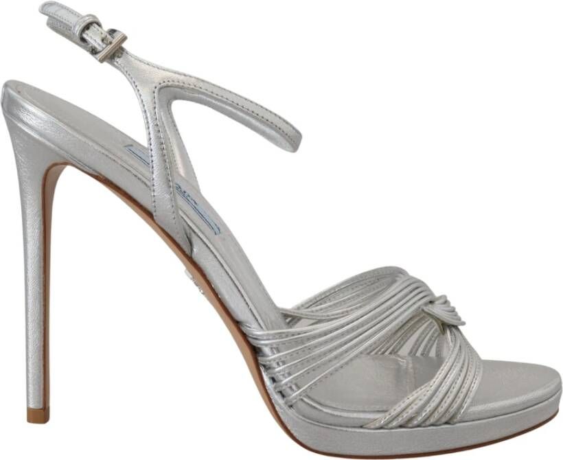 Prada Zilveren Leren Sandalen Enkelband Hakken Stiletto Gray Dames