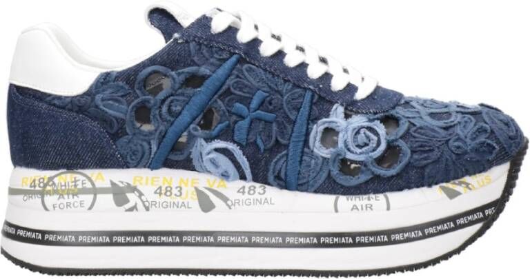 Premiata Blauwe Denim Geborduurde Sneakers