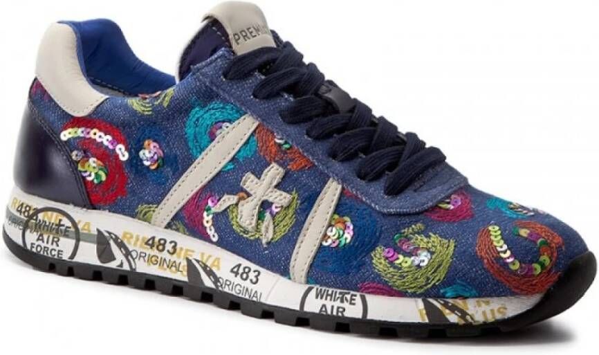 Premiata Blauwe Denim Sneakers met Multikleurige Decoraties en Pailletten Blue Dames