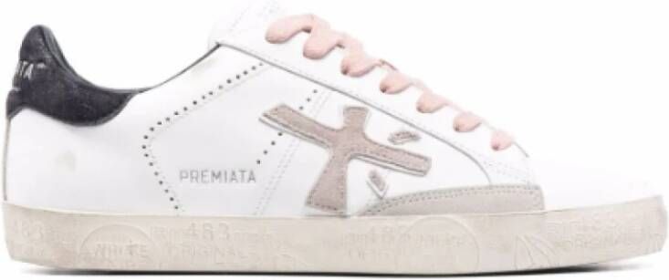 Premiata Leren Baskets Stevend met Roze en Zwarte Details White Dames