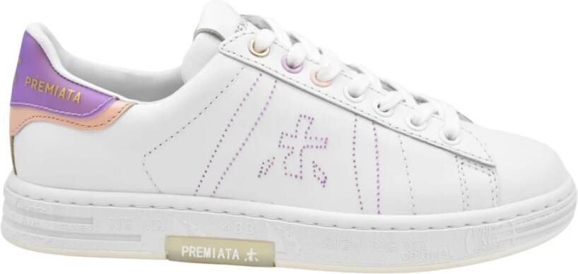 Premiata Platte Schoenen Wit Paars Lederen Vetersluiting White Dames