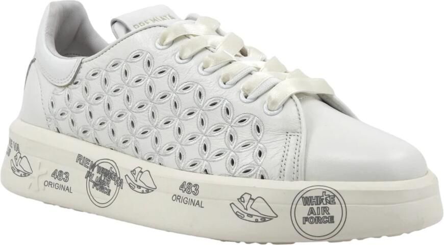 Premiata Witte Leren Veterschoenen met Geborduurde Details White Dames