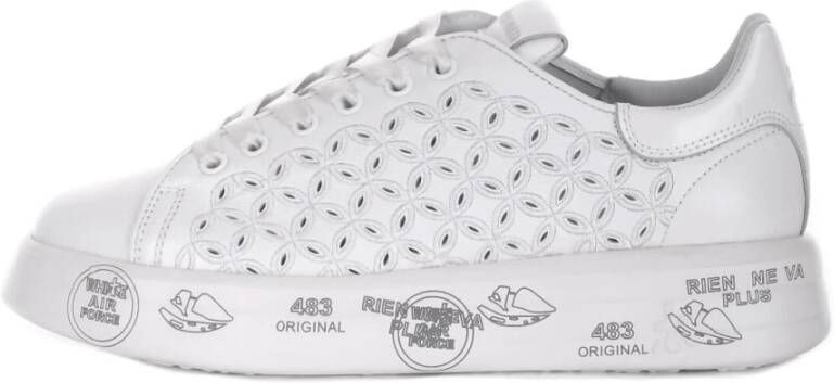 Premiata Witte Leren Veterschoenen met Geborduurde Details White Dames
