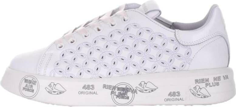 Premiata Witte Leren Veterschoenen met Geborduurde Details White Dames