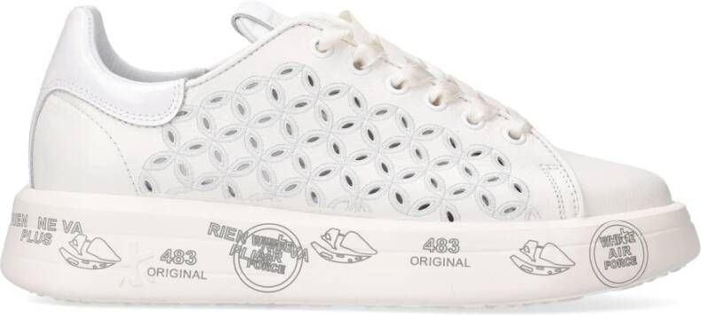 Premiata Witte Leren Veterschoenen met Geborduurde Details White Dames