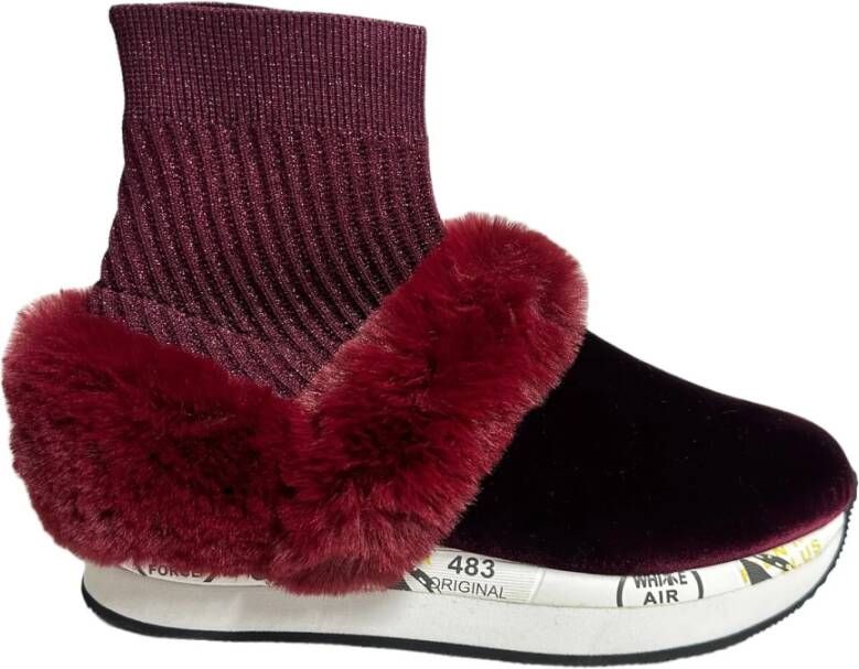 Premiata Velvet Bordeaux Sneaker met Bontinzetten Red Dames