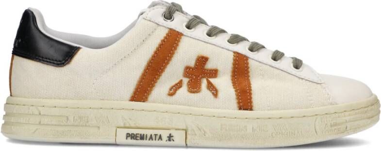 Premiata Wit leren en natuurlijke canvas sneakers Multicolor Heren