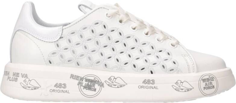 Premiata Witte Leren Veterschoenen met Geborduurde Details White Dames