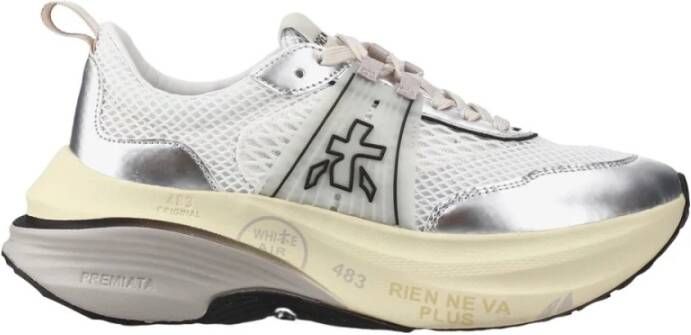 Premiata Witte Stof Hill Sneakers met Zilveren Leren Details