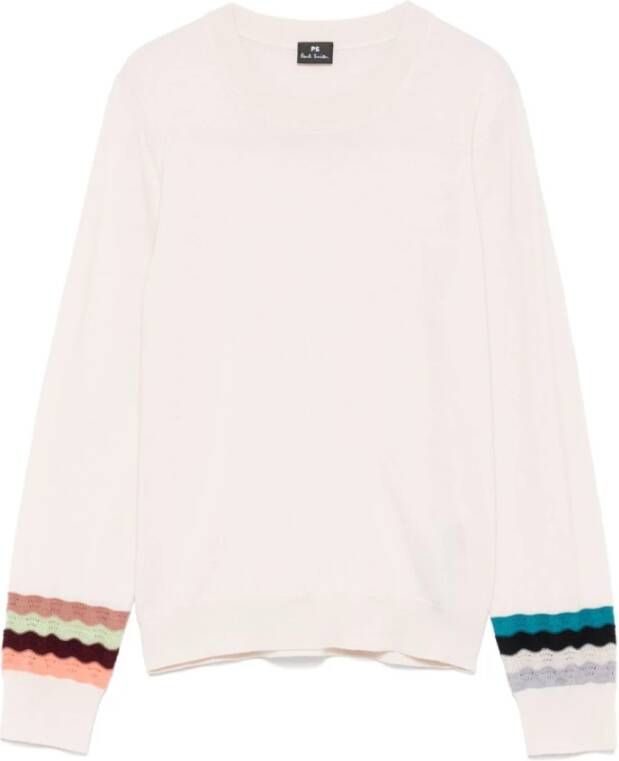 PS By Paul Smith Beige Trui met Ronde Hals en Ribgebreide Boorden