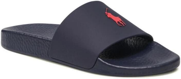 Ralph Lauren Sliders met Contrasterend Logo Marineblauwe Heren Rubberen Slippers Blue