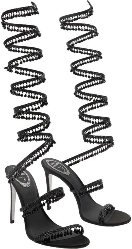 René Caovilla Zwarte Leren en Satijnen Sandalen