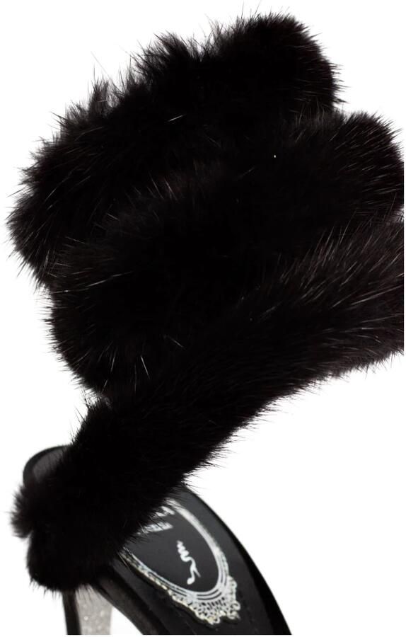 René Caovilla Zwarte Satijnen Sandalen met Bontdetail