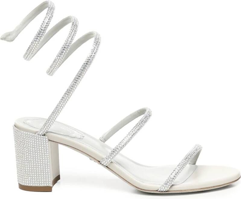 René Caovilla Zilveren Blokhak Sandalen Enkelwikkel