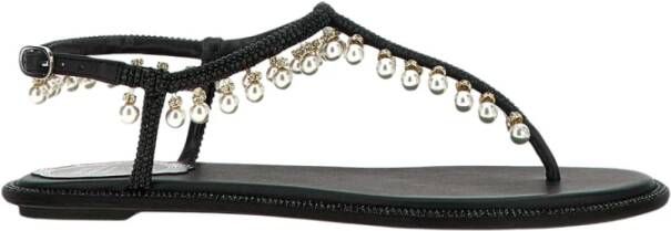 René Caovilla Zwarte Platte Sandalen met Versierde Bandjes
