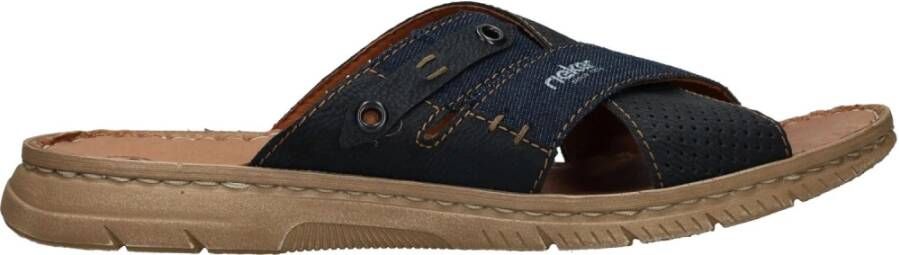 Rieker Blauwe Gekruiste Banden Leren Slipper Blue Heren