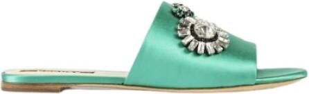 Rochas Groene Satijnen Platte Sandalen met Juweel