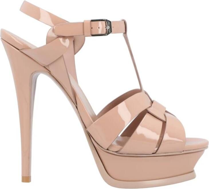 Saint Laurent Beige Patent Leren Plateau Sandalen