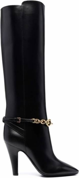 Saint Laurent Zwarte leren enkellaarsjes met kettingdetail Black Dames