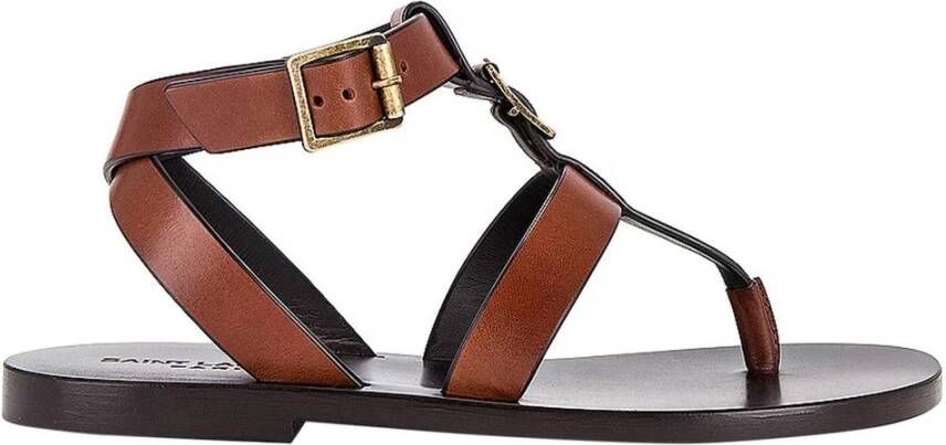 Saint Laurent Klassieke Leren Platte Sandaal met Gesp