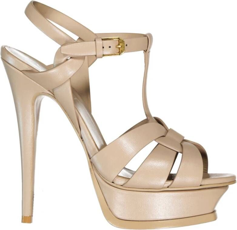 Saint Laurent Leren Enkelband Platform Sandalen Beige Dames