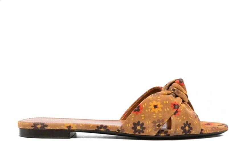 Saint Laurent Leren Sliders met Bloemenprint Bruin Dames