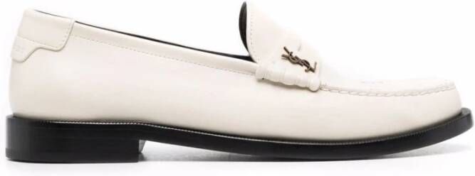 Saint Laurent Parel Lambskin Monogram Plaque Loafers White Dames