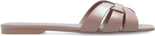 Saint Laurent Donker Beige Leren Slide Sandaal Beige Dames
