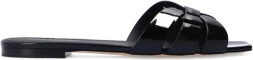 Saint Laurent Zwarte Patentleren Tribute Platte Sandalen Black Dames