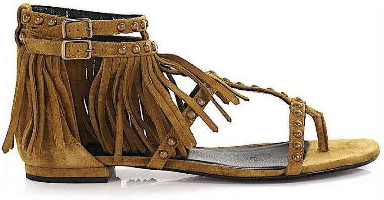 Saint Laurent Strappy suede sandals fringed rivets Beige Dames