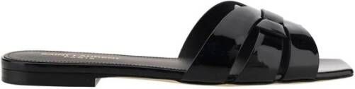 Saint Laurent Zwarte Leren Sliders met Vierkante Neus Zwart Dames