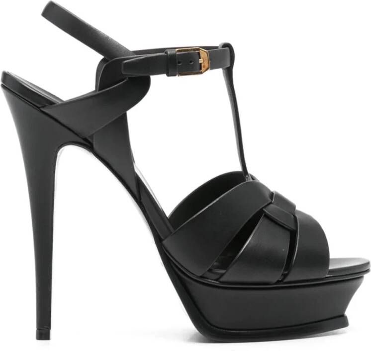 Saint Laurent Zwarte Leren Plateau Sandalen Black Dames
