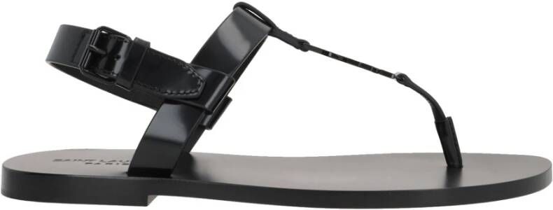 Saint Laurent Zwarte Leren Platte Sandalen Black Heren