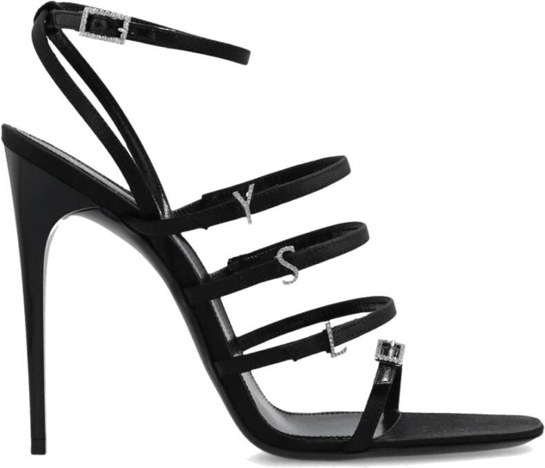 Saint Laurent Zwarte Satijnen Kristal Sandalen Black Dames