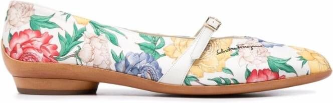 Salvatore Ferragamo Audrey Rose Print Leren Ballerina White Dames