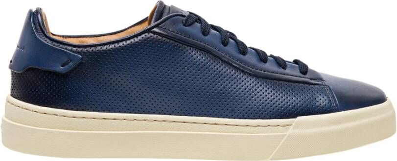 Santoni Blauwe Handgemaakte Geperforeerde Leren Sneaker Blue Heren