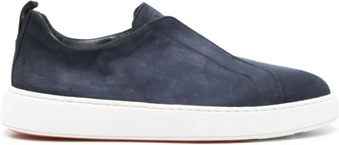 Santoni Blauwe Leren Sneakers Platte Rubberen Zool
