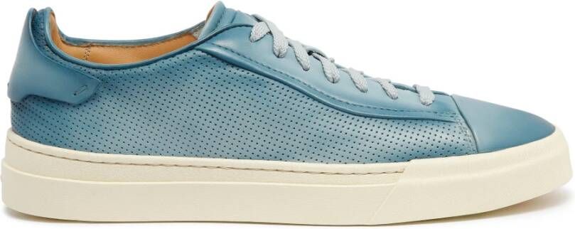 Santoni Blauwe Handgemaakte Geperforeerde Leren Sneaker Blue Heren