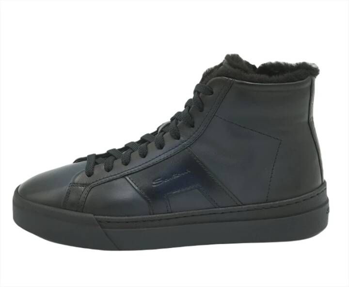 Santoni Hoge Bont Dubbele Gesp Leren Sneaker Kleur: Marine Maat: 8.5 43.5 Blauw Heren