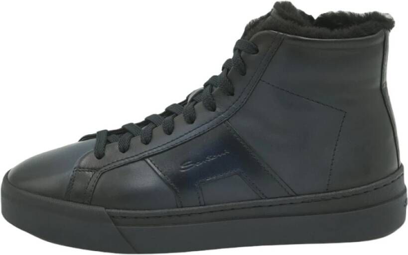 Santoni Hoge Bont Dubbele Gesp Leren Sneaker Kleur: Marine Maat: 8.5 43.5 Blauw Heren