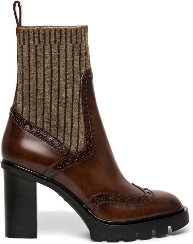 Santoni Boots Leather midheel brogue sock boot in bruin