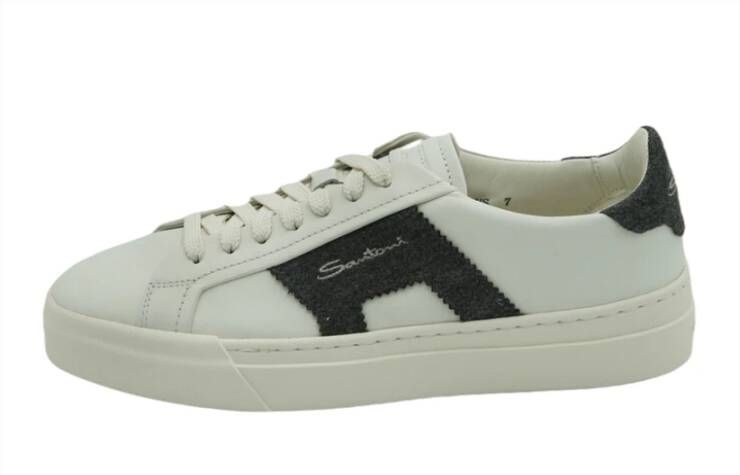 Santoni Leren en wollen dubbele gesp sneaker Wit 44-44.5 Wit Heren