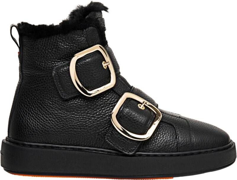 Santoni Leren sneakers met bontvoering en dubbele gespsluiting Zwart Dames