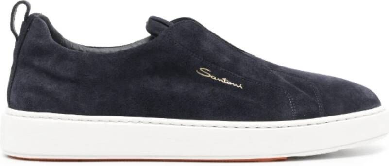 Santoni Marineblauwe Suède Logo Sneakers Blue Heren