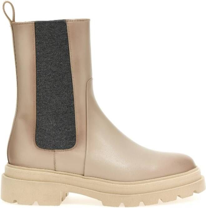 Santoni Beige Leren Enkellaars met Elastische Inzetstukken Beige Dames