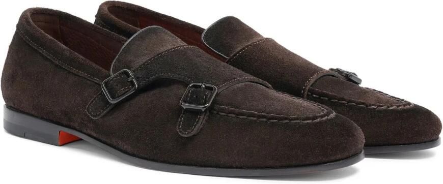 Santoni Bruin Suède Dubbele Gesp Loafer