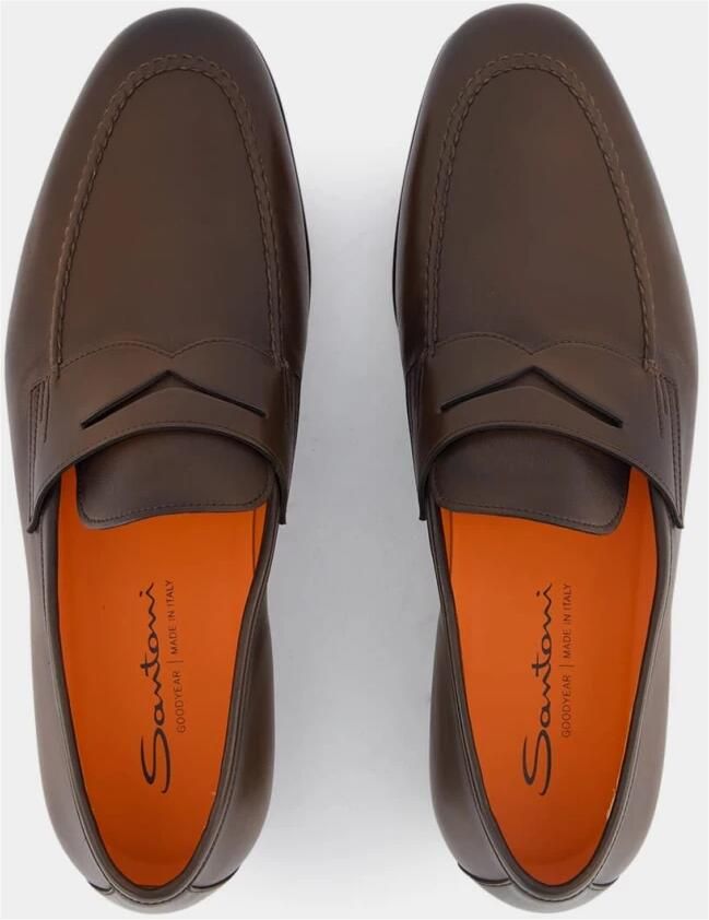 Santoni Gepoetste Bruin Leren Penny Loafers