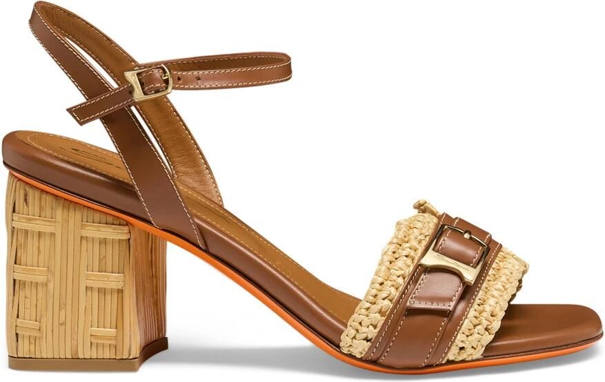 Santoni Leren sandaal met middelhoge hak en raffia