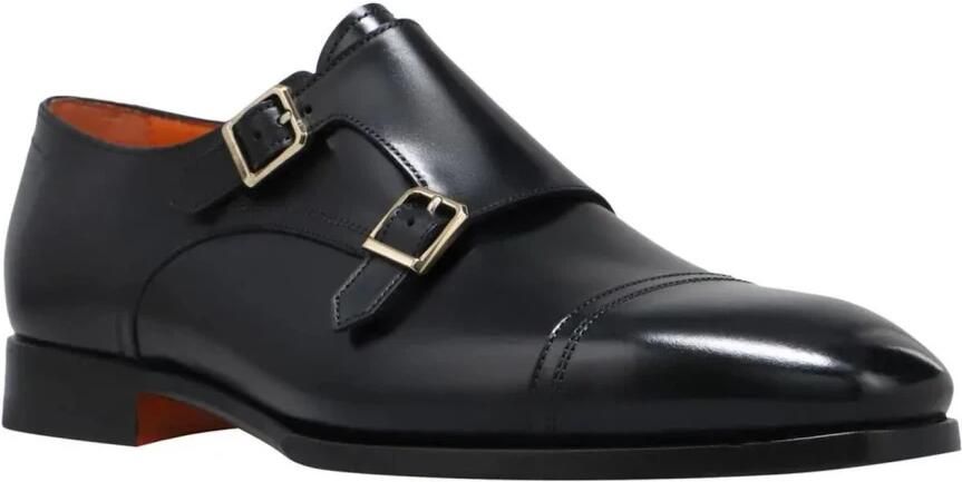 Santoni Zwarte Leren Loafer Dubbele Gesp Schoenen