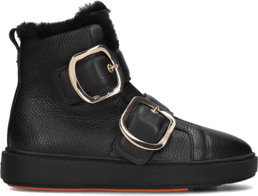 Santoni Zwarte Leren Enkellaarzen met Gespen Black Dames